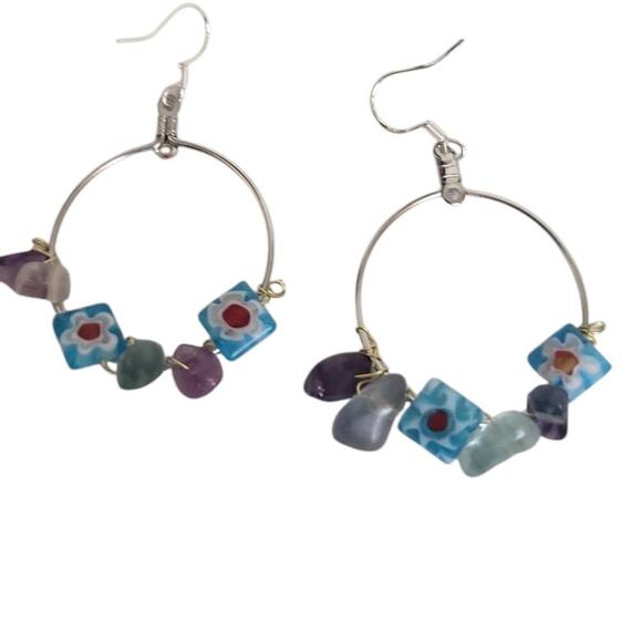 Fluorite Millefiori Lampwork Glass Beads Hoop Earrings - Picture 4 of 5